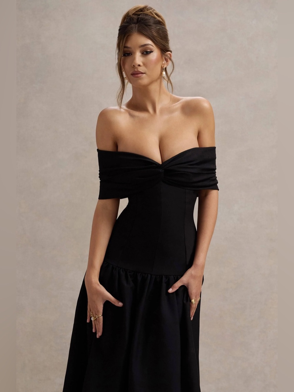 Club L London Marguerite Black Twisted Bardot Drop-Waist Maxi Dress 6 NWT - Picture 2 of 15